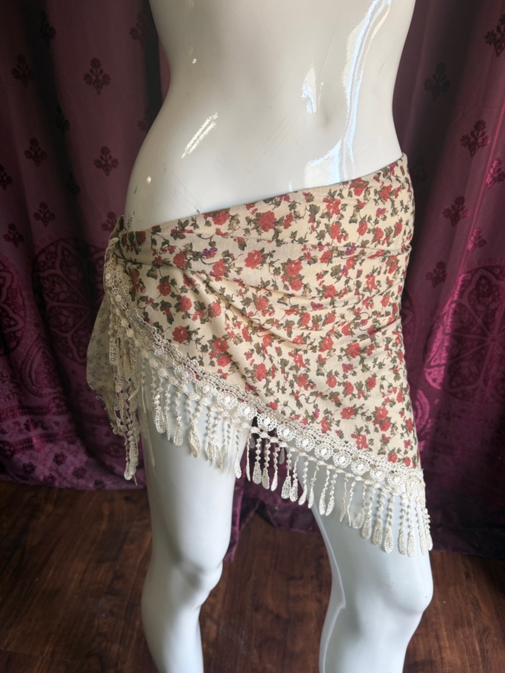 3/$20 Floral Fringe Bandana Wrap Skirt Scarf - Cream with Red Floral
